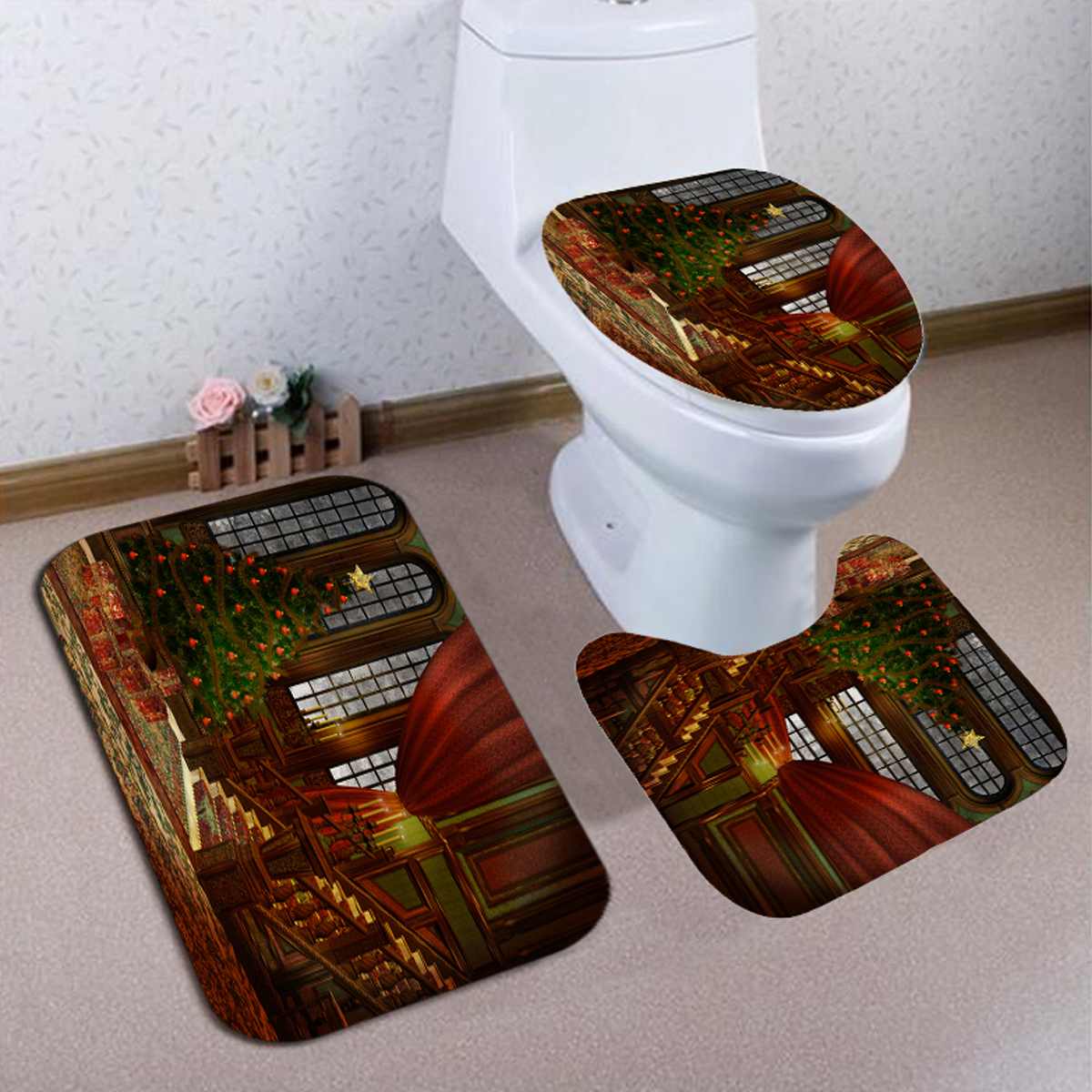 Merry Christmas Bathroom set Christmas Tree Pattern Waterproof Shower Curtain T image 5