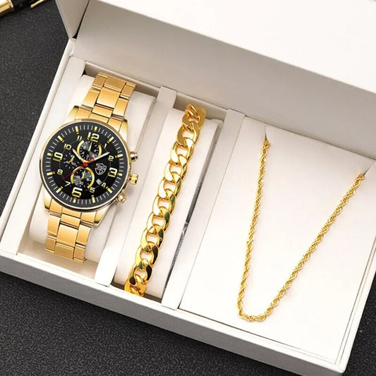 3PCS Fashion Mens Gold Necklace Bracelet Watches Set Men Business Casual Stainl image 0
