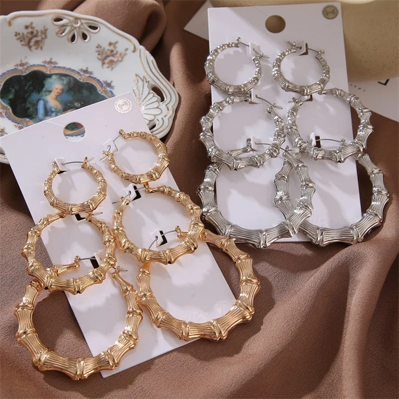 FNIO Statement Gold Color Big Bamboo Circle Hoop Earrings For Women Hip Hop Ear image 28