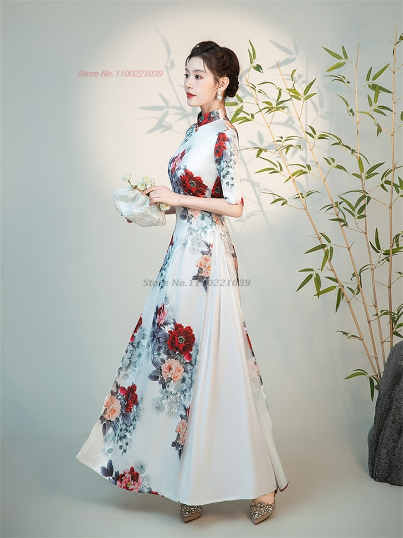 2024 vietnam traditional aodai dress chinese improved qipao national flower pri image 2