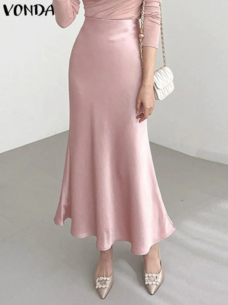 VONDA Elegant Maxi Skirts 2023 Summer Pleated Loose Streetwear Satin Long Skirt image 0
