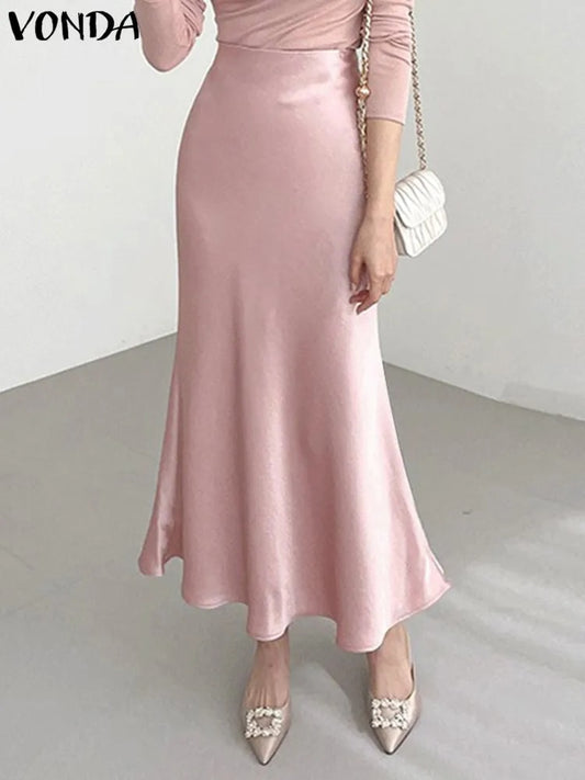 VONDA Elegant Maxi Skirts 2023 Summer Pleated Loose Streetwear Satin Long Skirt image 0