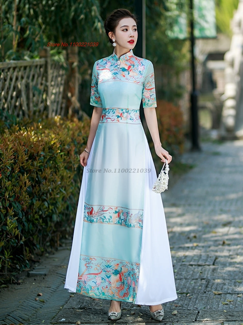 2024 vietnam traditional ao dai  dress national flower print cheongsam oriental image 4