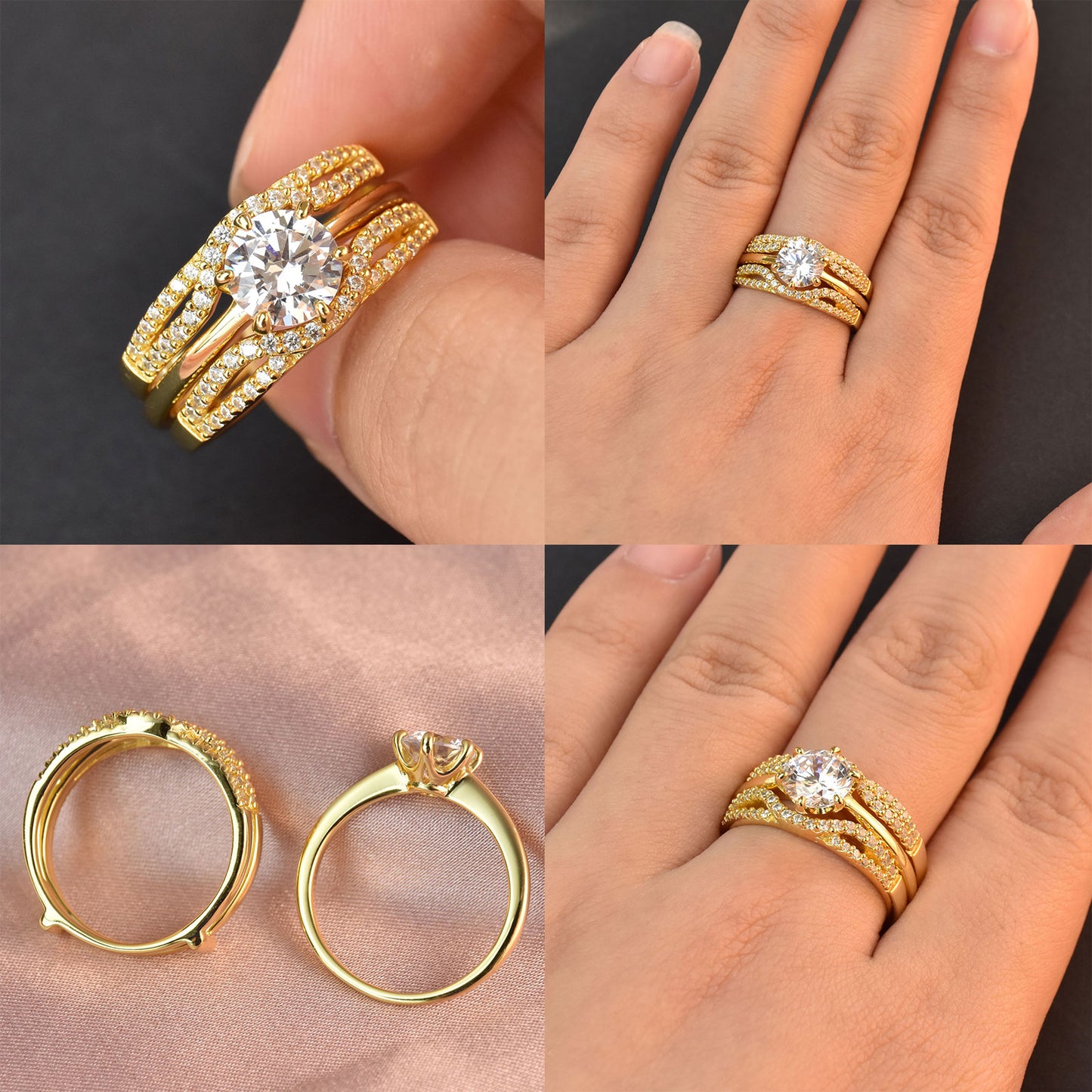 Newshe Yellow Gold Color 925 Silver Solitaire Brilliant Round Engagement Rings image 1