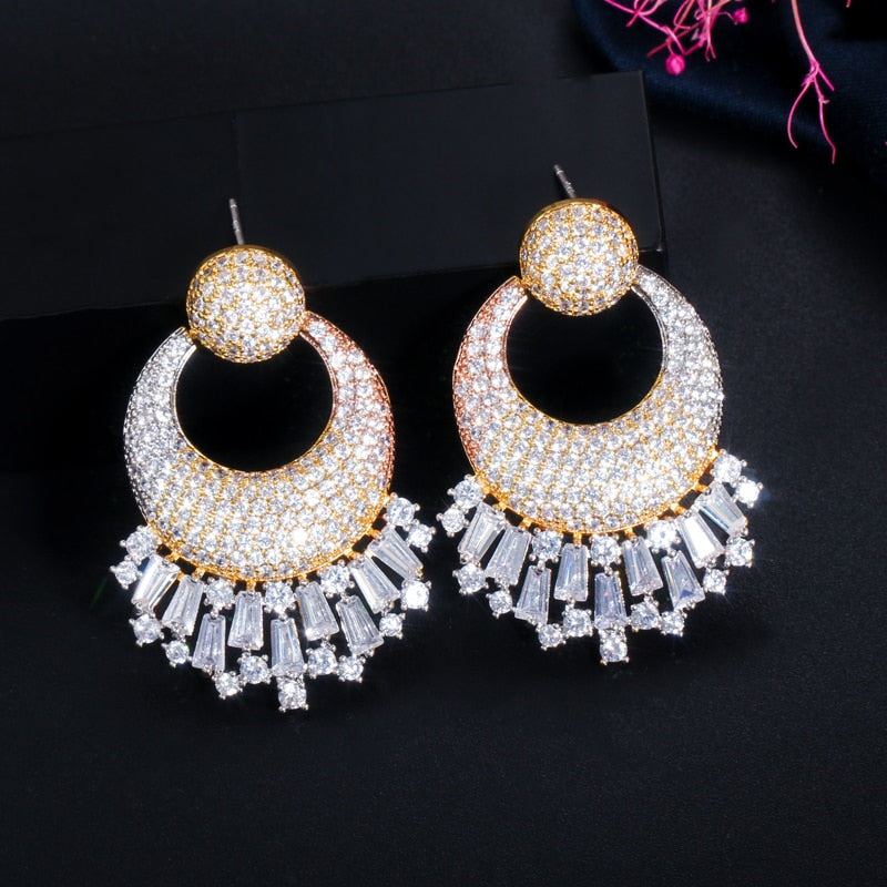CWWZircons Nigerian Wedding 3 Tone Gold Plated Big Drop Earrings Shiny CZ Micro image 1