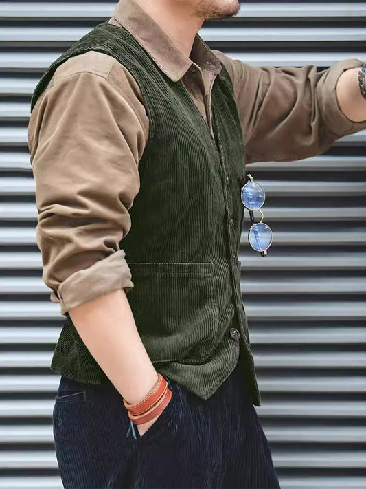 Autumn Vintage Sleeveless Cargo Vest Jackets Mens Corduroy Solid Color V Neck W image 0