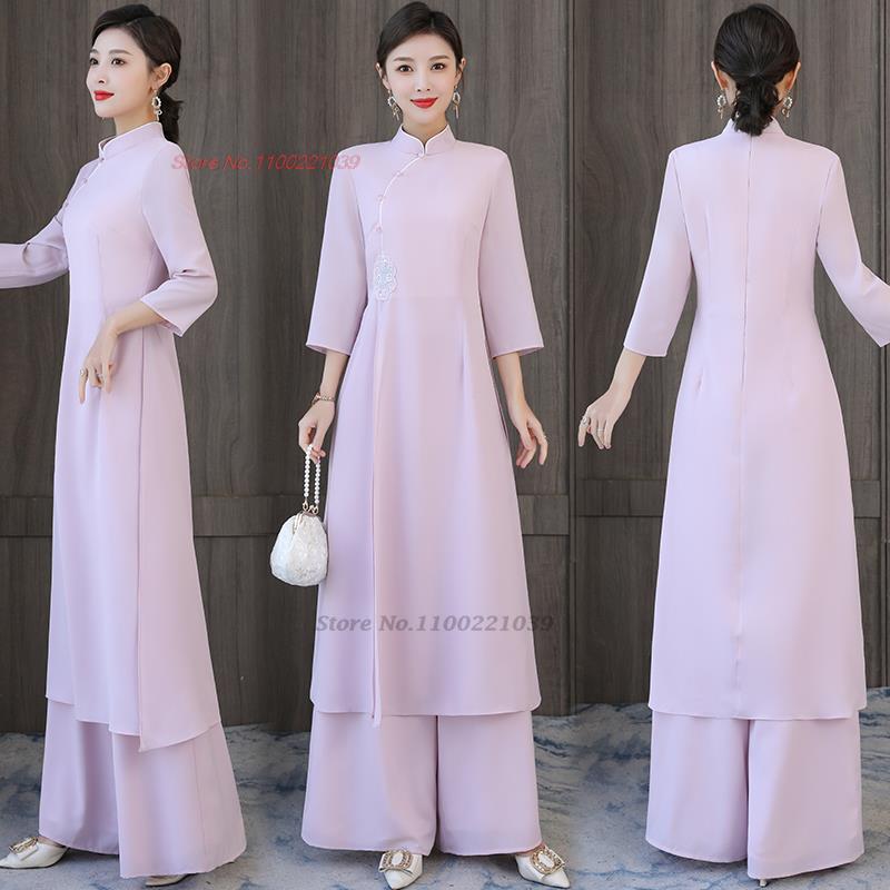 2024 traditional vietnam ao dai vintage dress+pants set national flower embroid image 4