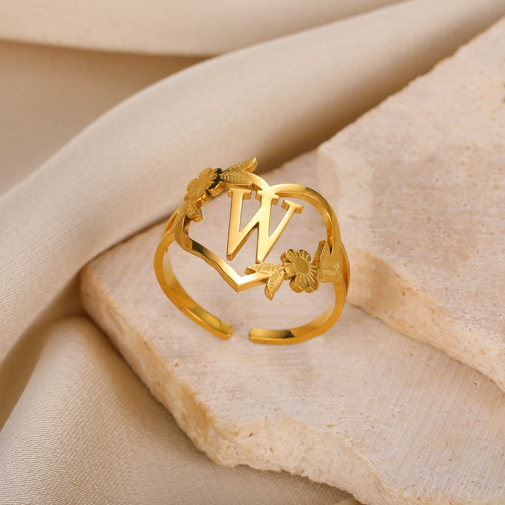 Stainless Steel Initials Flower Heart Rings Gold Color Adjustable Delicate Lett image 22