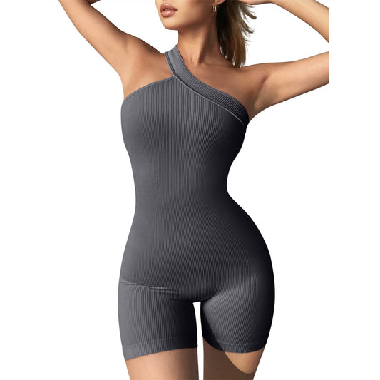 Women's One-Piece Yoga Fitness Shorts Jumpsuit Fashion One Shoulder Solid Ribbe image 0