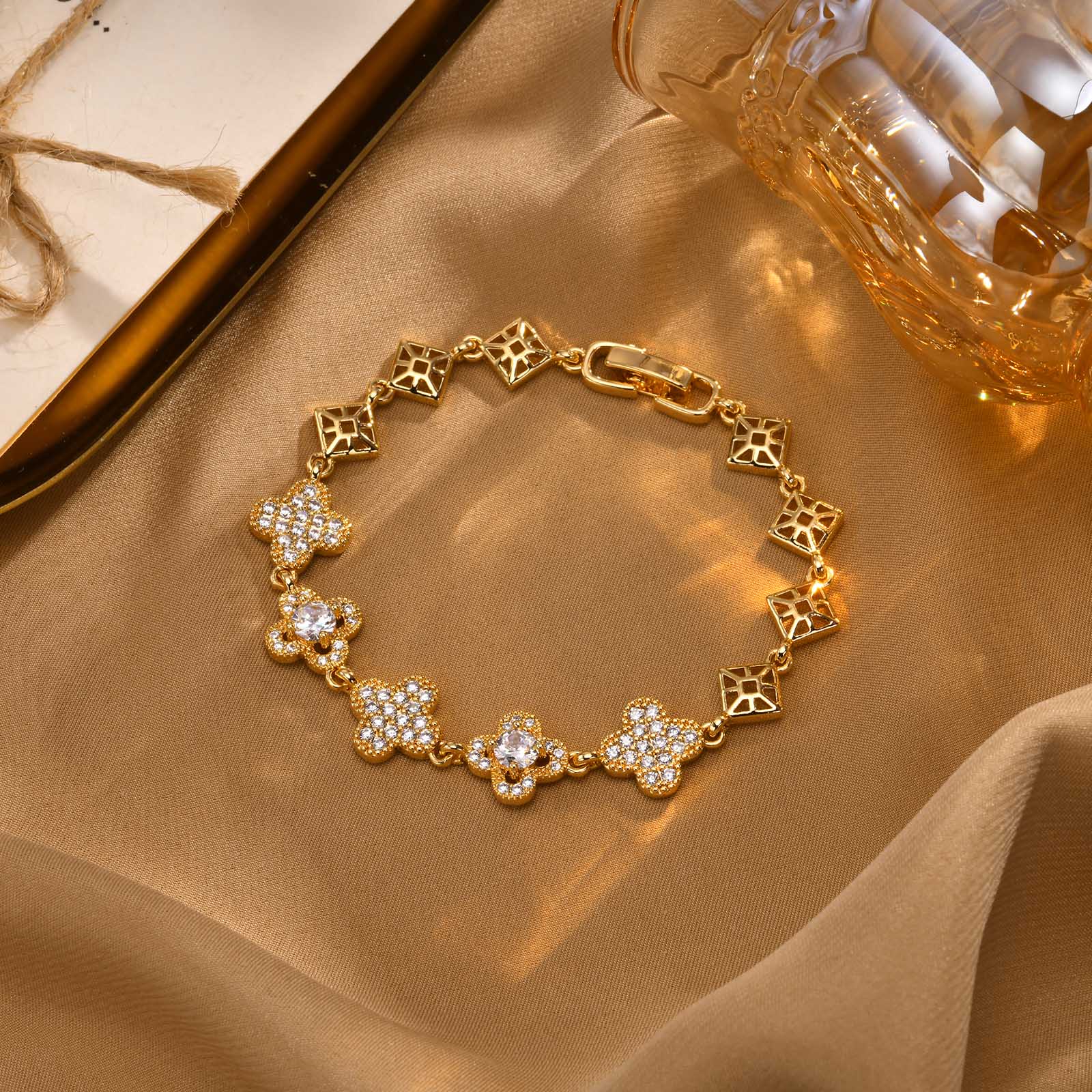 Cubic Zirconia Clover Bracelet for Women18k Gold Plated Link Statement Jewelry image 23