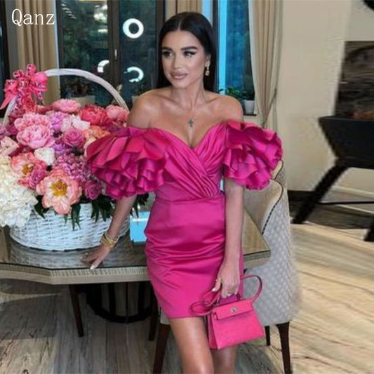 Qanz Fuchsia Modest Cocktail Dresses Satin Short Off The Shoulder Pageant Dress image 0