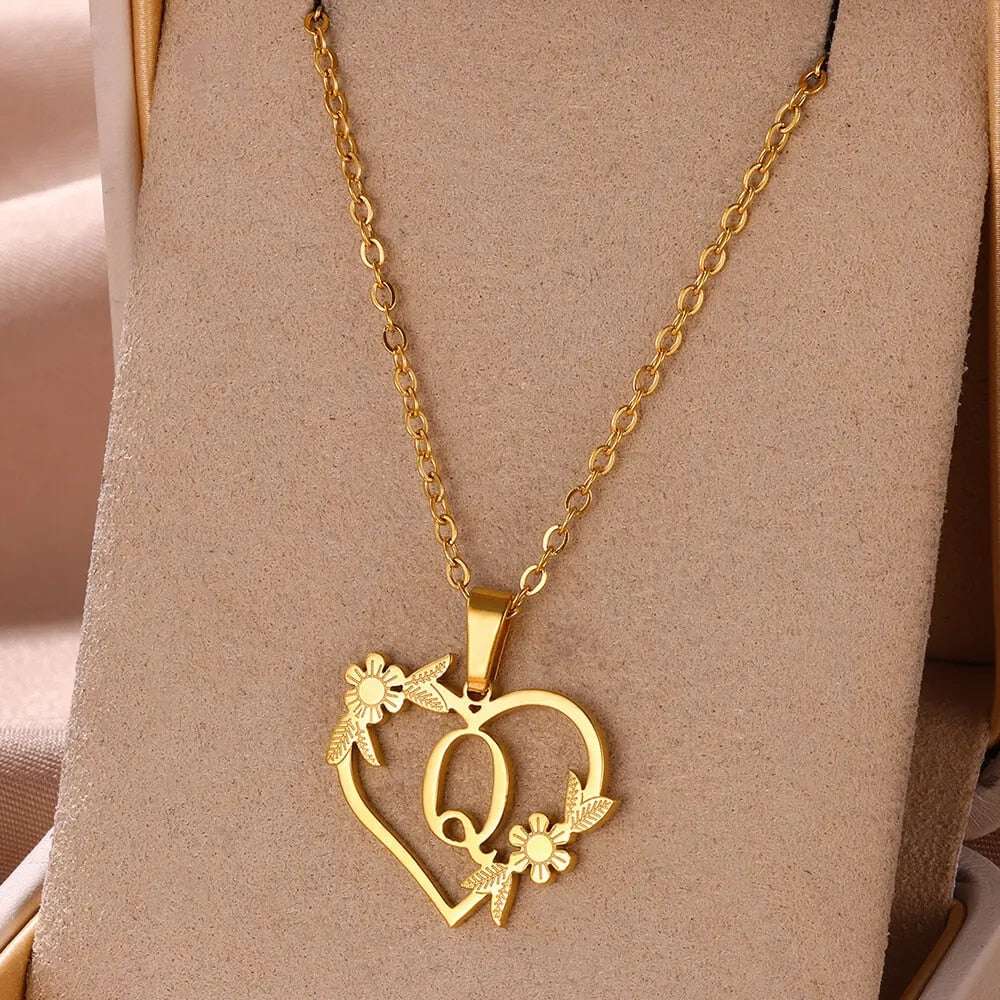 Gold Color Dainty Flower Initials Necklace Women Girl Stainless Steel Heart Let image 15