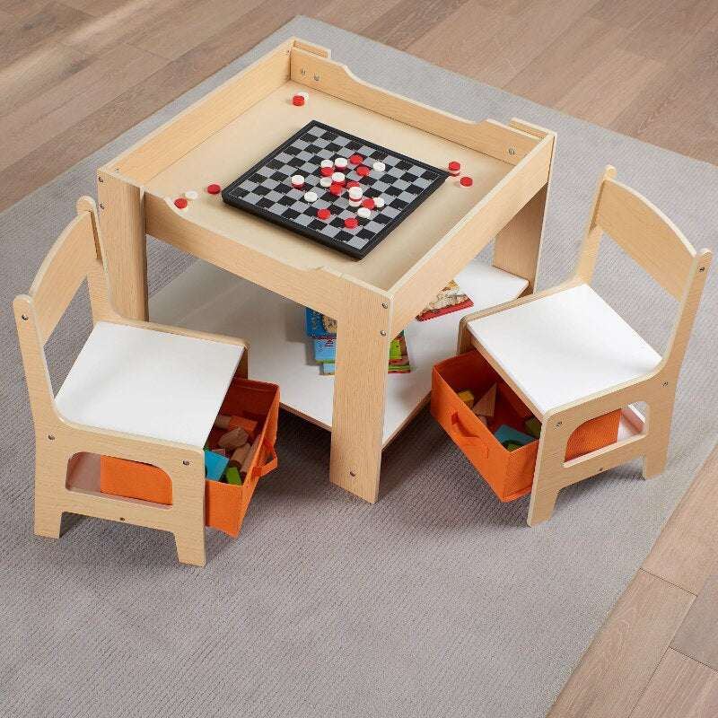 Senda Kids Wooden Storage Table and Chairs Set, Natural Color, Melamine, 3 Piece image 2