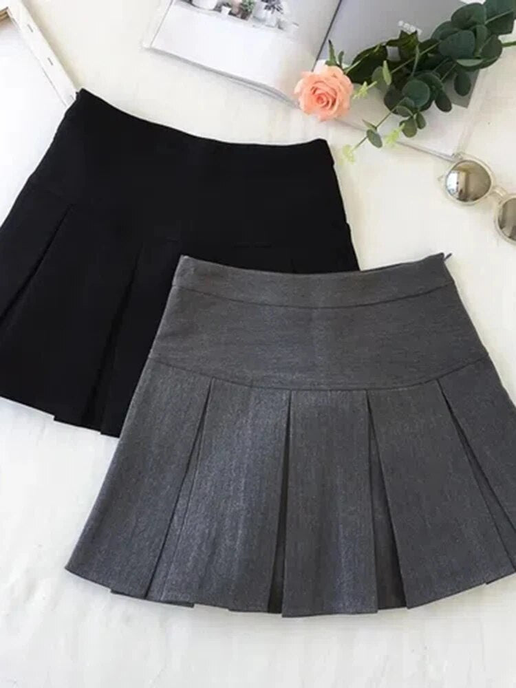 ZOKI Vintage Gray Pleated Skirt Women Kawaii High Waist Mini Skirts Korean Fash image 3