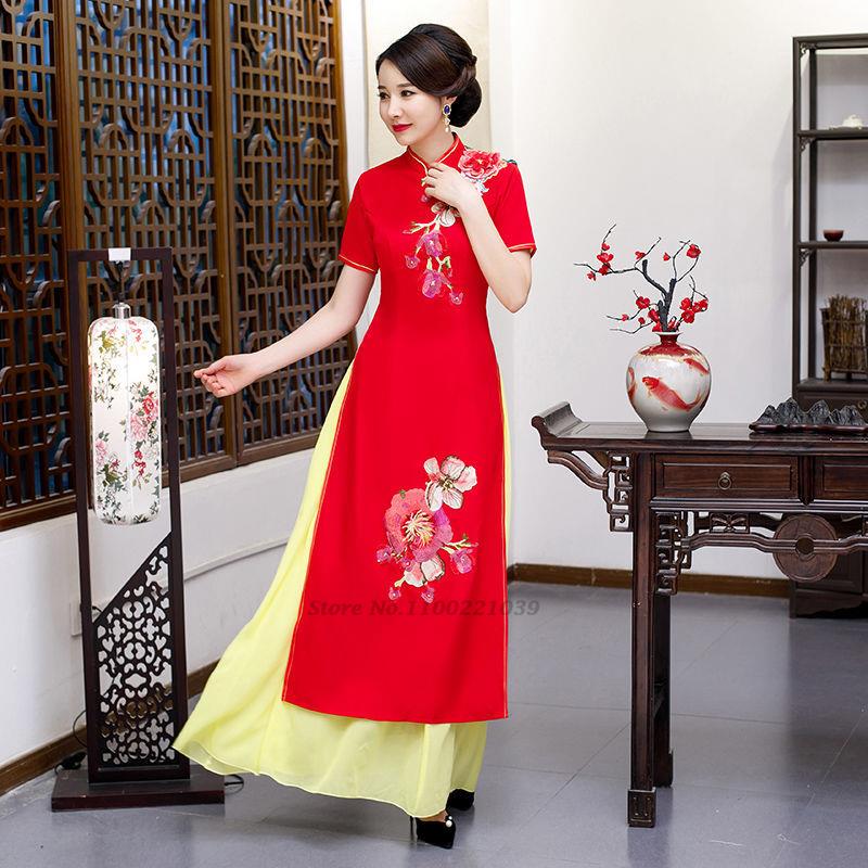 2024 vietnamese aodai vietnam cheongsam folk style qipao chinese flower embroid image 4