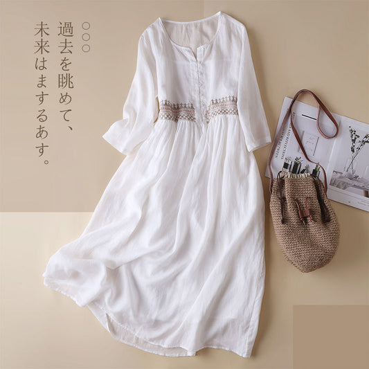 Pocket Ethnic Style Midi Dress O-neck Button Long Skirt Casual Elegant Holiday  image 0