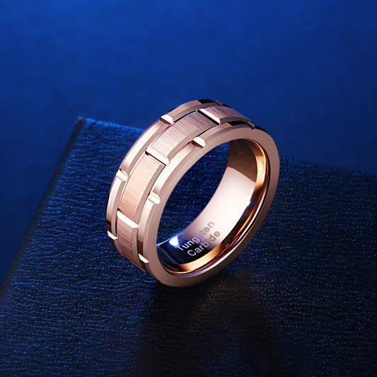 Newshe Men's Tungsten Carbide Ring 8mm Rose Gold Color Brick Pattern image 0