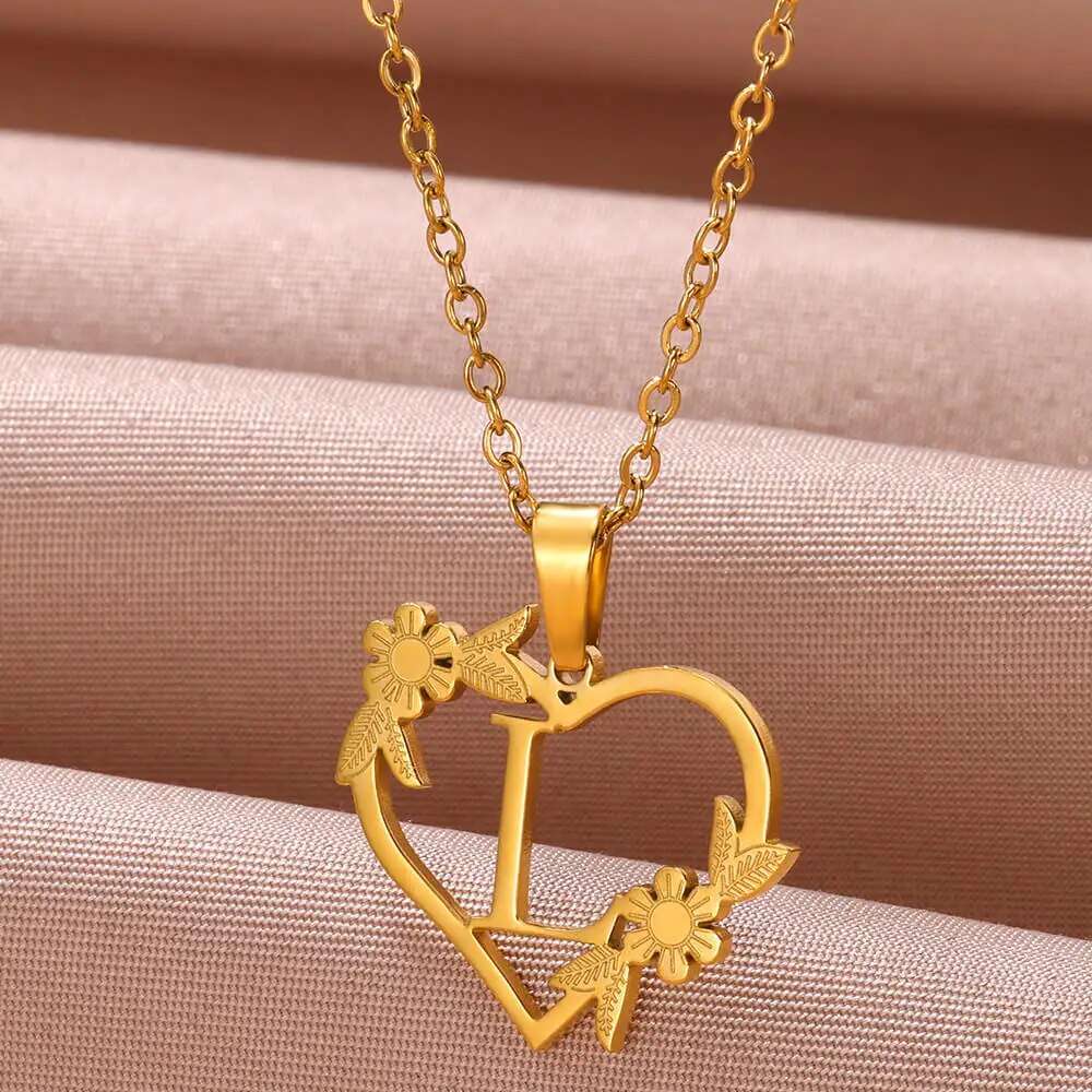 Gold Color Dainty Flower Initials Necklace Women Girl Stainless Steel Heart Let image 11