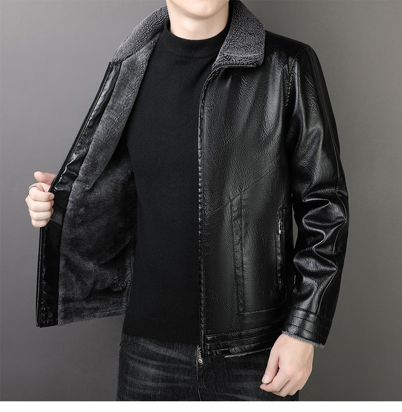 Winter Men's Fur Collar Leather Jacket Fashion Simple Solid Color Windproof Car image 1
