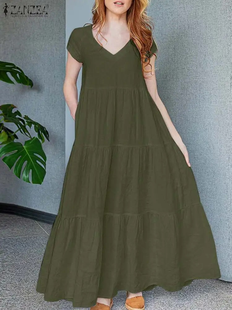 ZANZEA Woman Elegant Pleated Dress Solid Color Short Sleeve V-Neck Dresses Fash image 0