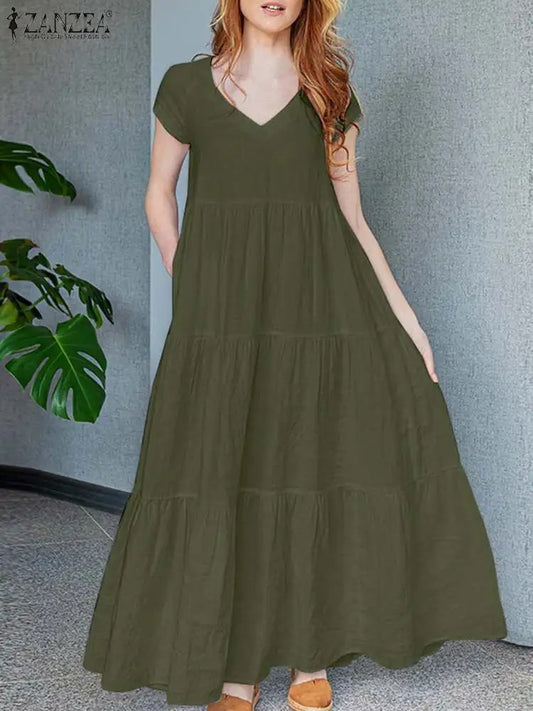 ZANZEA Woman Elegant Pleated Dress Solid Color Short Sleeve V-Neck Dresses Fash image 0