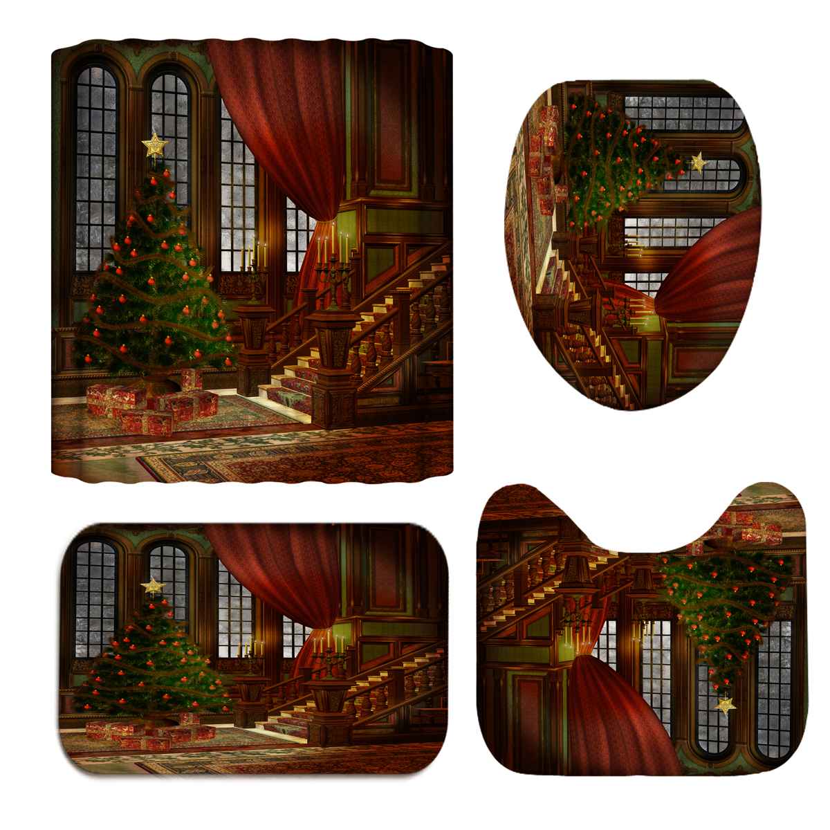 Merry Christmas Bathroom set Christmas Tree Pattern Waterproof Shower Curtain T image 2