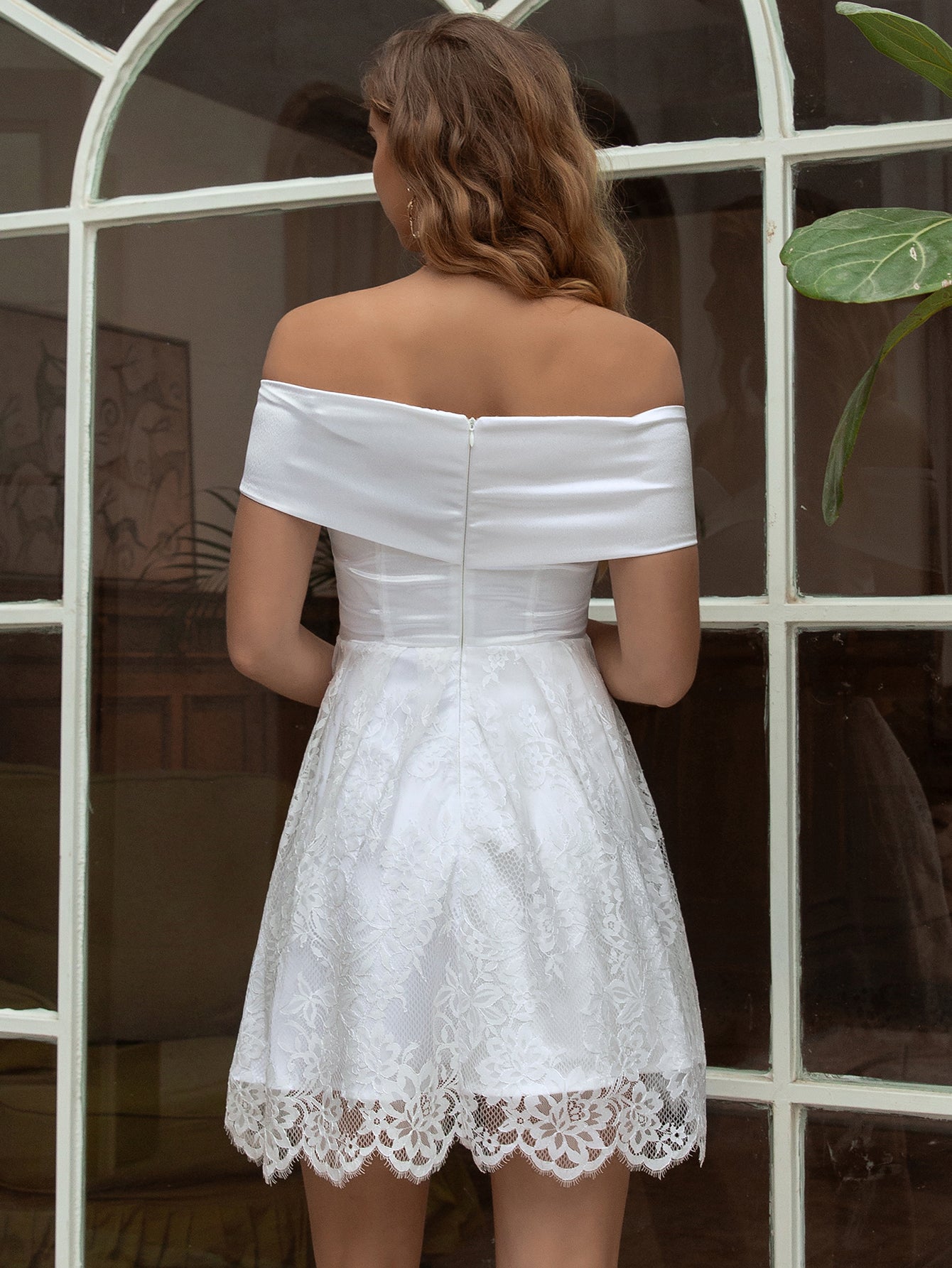 Angel-fashions Women's Off Shoulder Satin A-Line White Floral Lace Prom Short C image 2