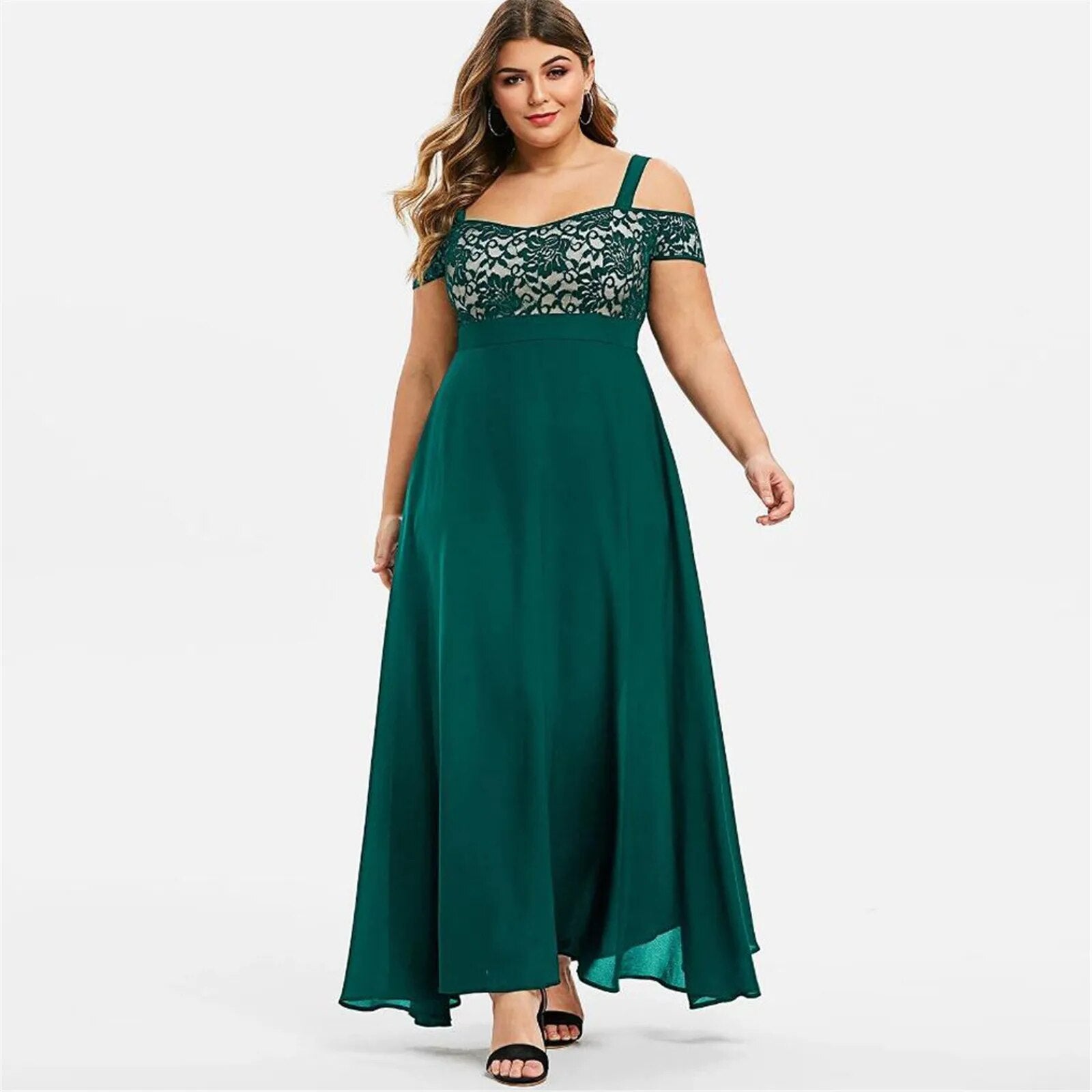 Plus Size Women Plus Size Cold Shoulder Floral Lace Maxi Party Evening Camis Lo image 2