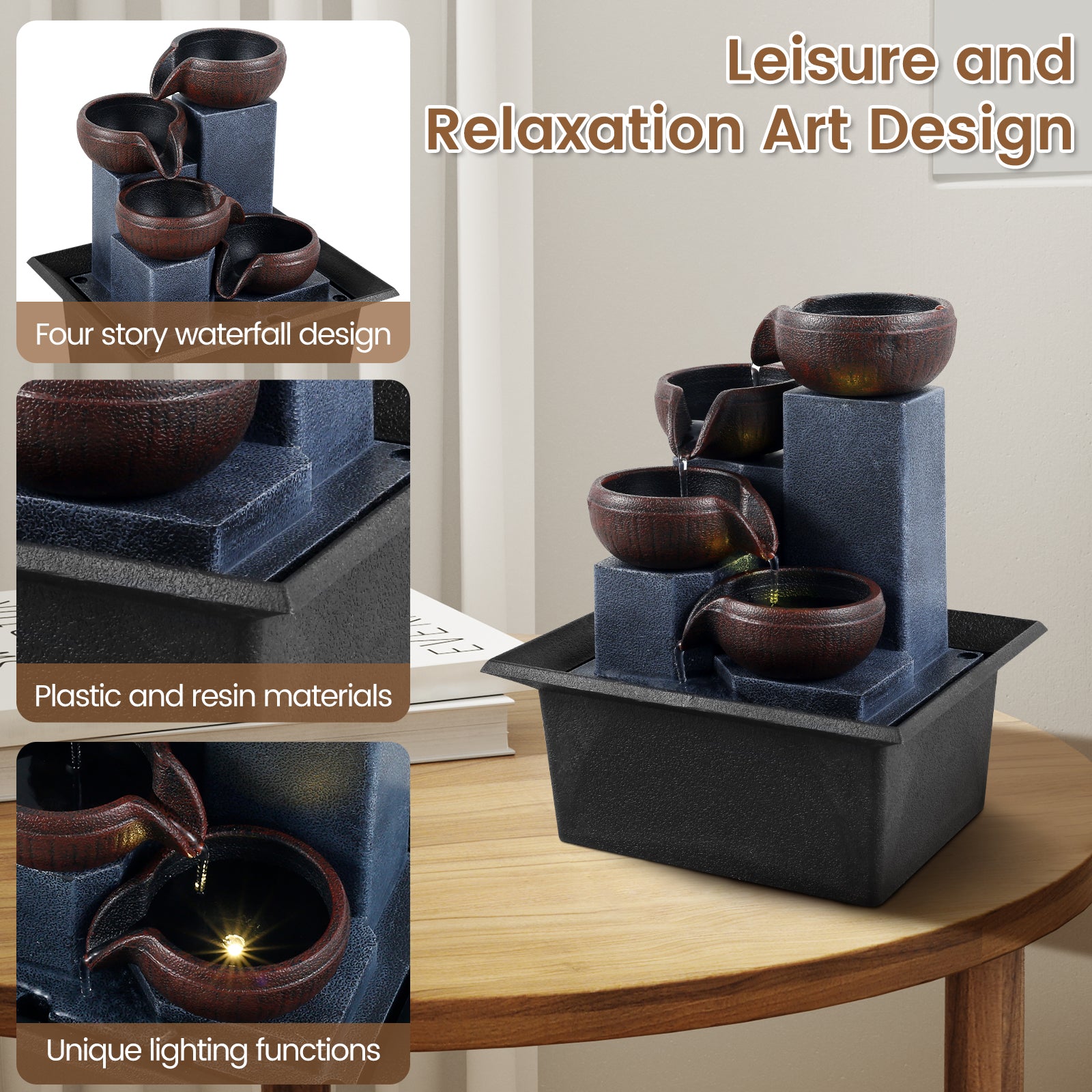 Indoor Tabletop Water Fountain with LED Light 4-Level Desktop Waterfall Fountai image 5