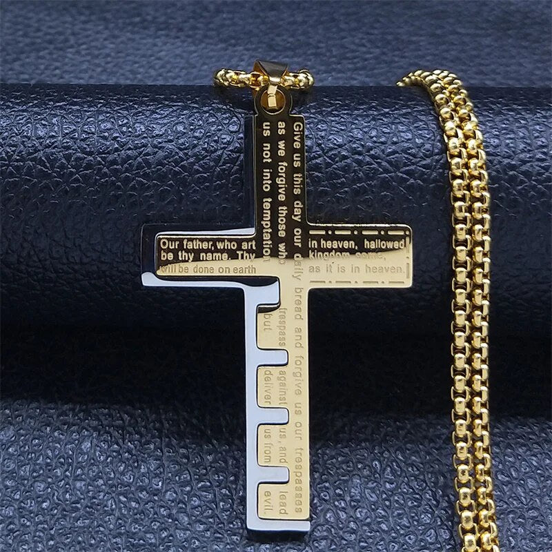 Cross Christian Church Prayer Necklace Men Stainless Steel Gold Color Bible Amu image 4