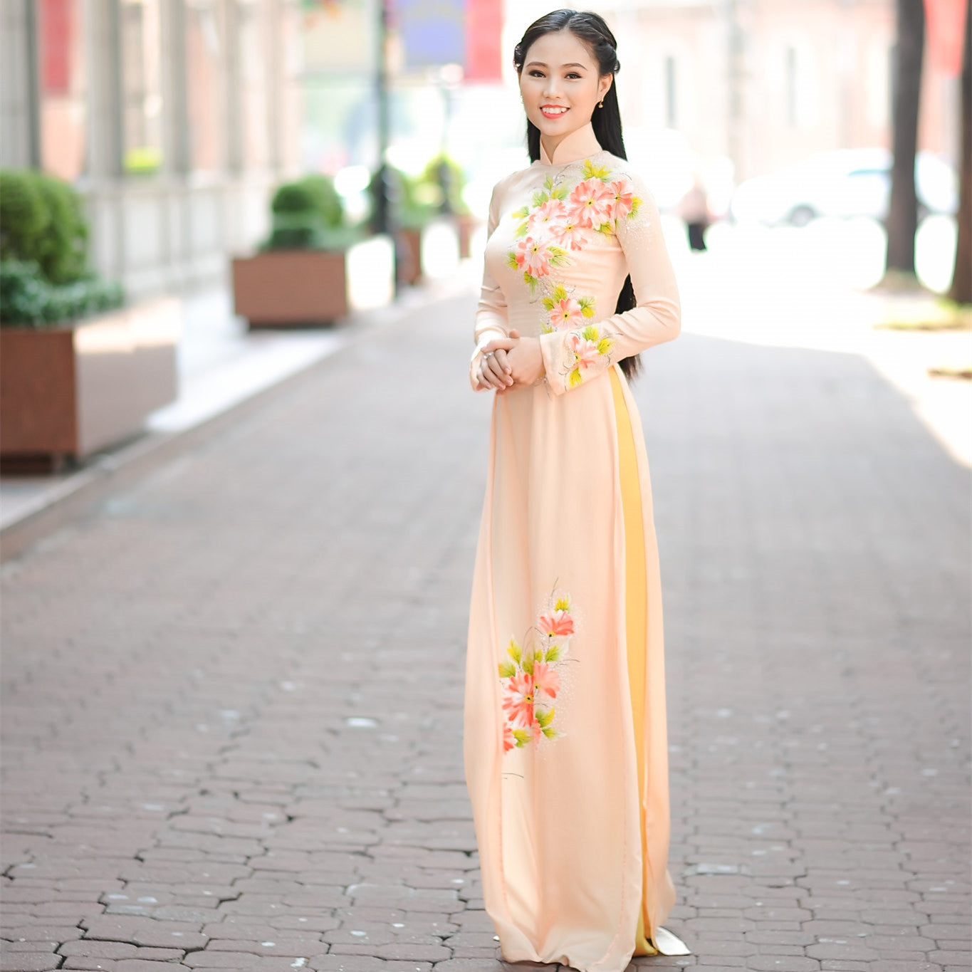 Beige hand painted flowers tailored aodai vietnam dress cheongsam vietnamese tr image 1