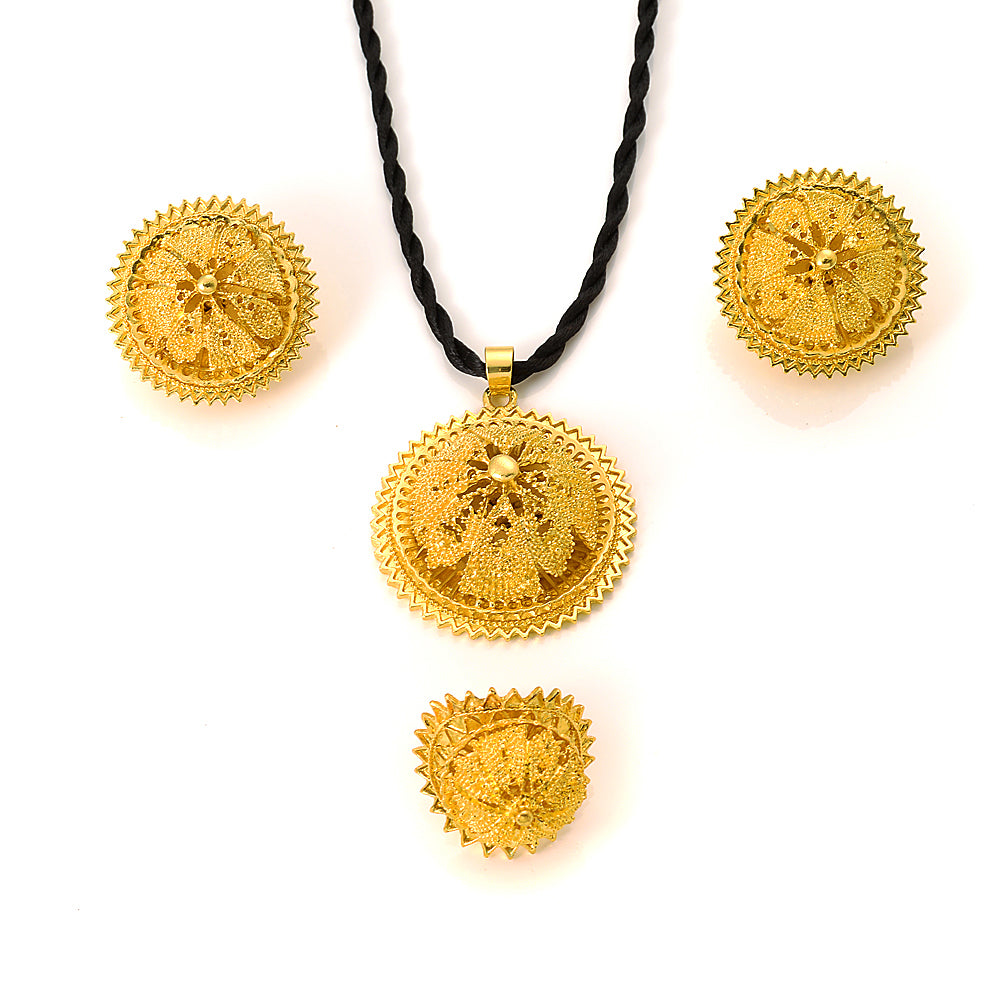 Ethiopian Geometry Round Fower Pendant Earrings Jewelry Sets Gold Color African image 2