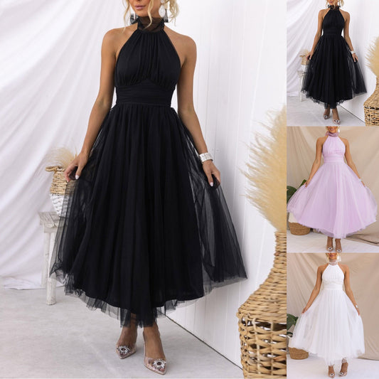 Sexy Halter Holiday Party Dress Women Off Shoulder Mesh Backless Pleated Dress  image 0