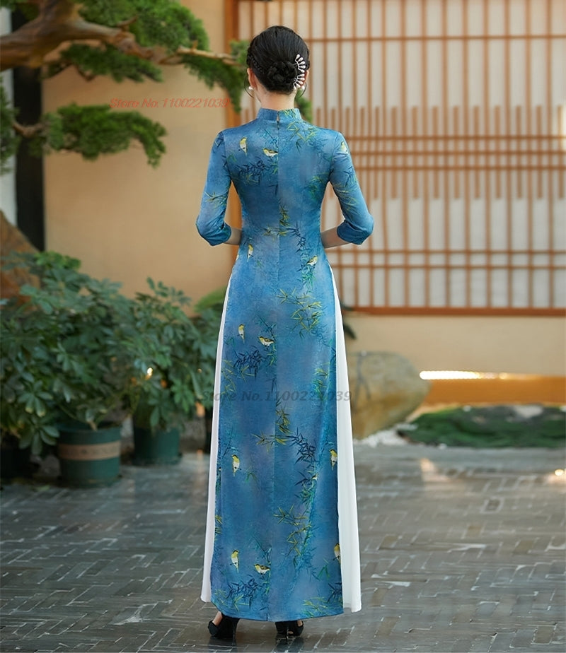 2024 vietnam traditional dress improved qipao national flower print vietnam ao  image 3