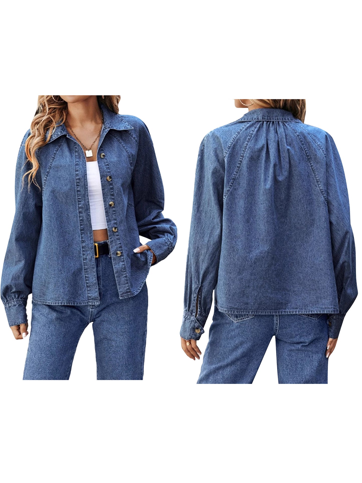 Women s Distressed Denim Jacket with Frayed Hem Classic Long Sleeve Turn-down C image 1