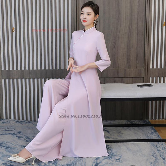2024 traditional vietnam ao dai vintage dress+pants set national flower embroid image 0