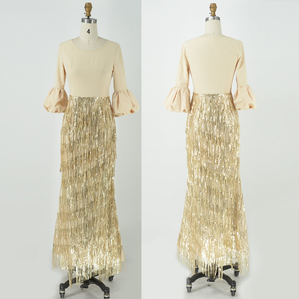 Women's Party Dresses Round Neck Lantern Long Sleeve Tassel Slim Gold Dress 202 image 2