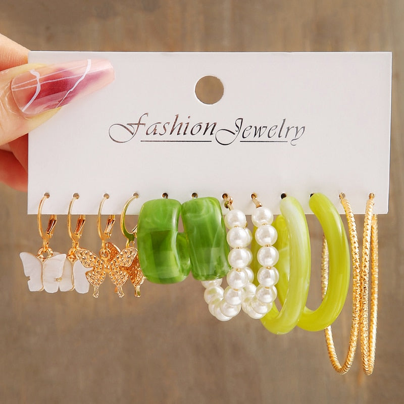 Boho Resin Colorful Earrings Set For Women Pearl Butterfly Gold Color Metal Cir image 6