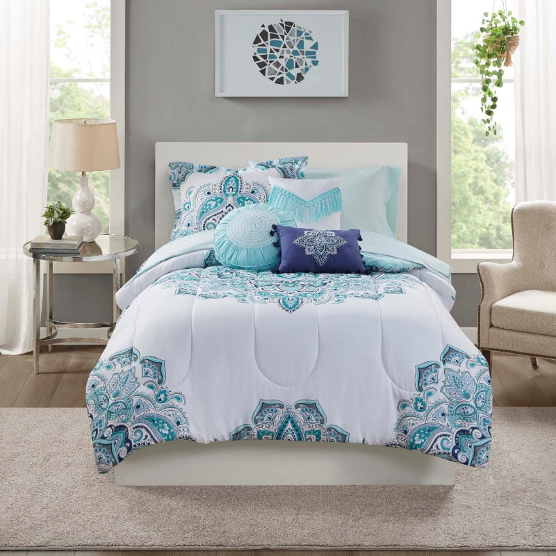 Mainstays Teal Medallion 10 Piece Bed in a Bag Comforter Set with Sheets, Queen image 3