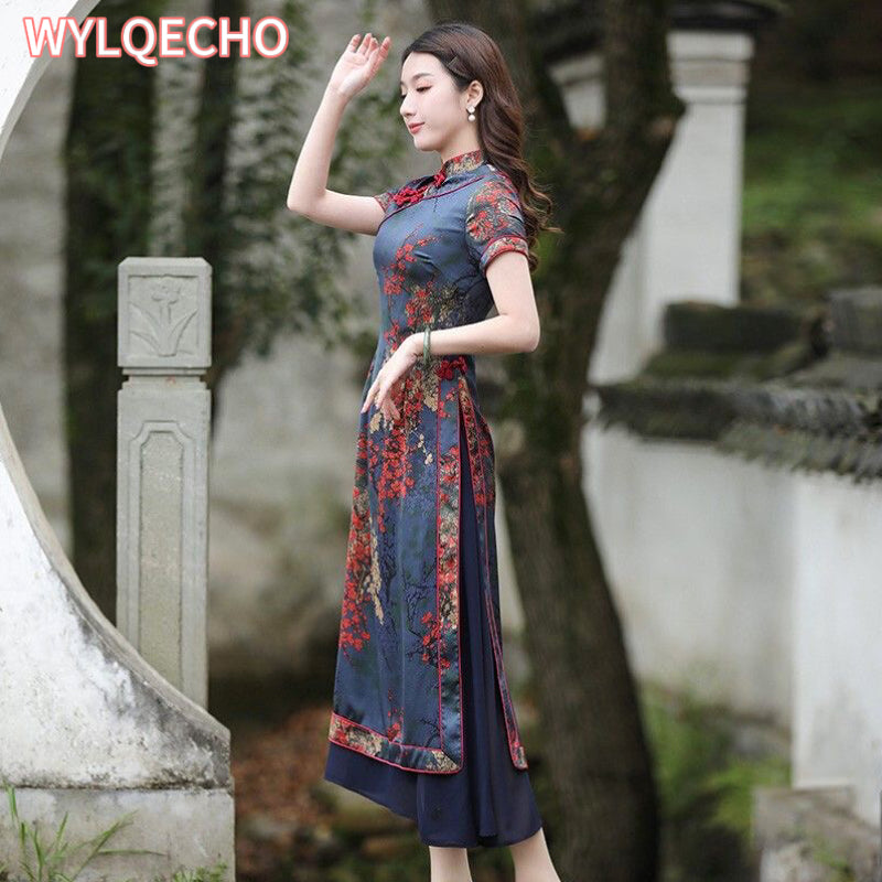 Vintage Vietnam Traditional Ao Dai Flower Print Chiffon Long Cheongsam Chinese  image 0