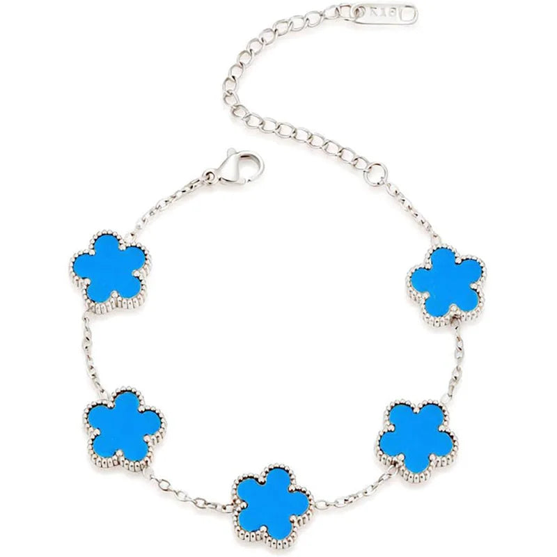 14K Gold Plated Five-leaf Clover Link Bracelets White Black Blue Gold Red Green image 31