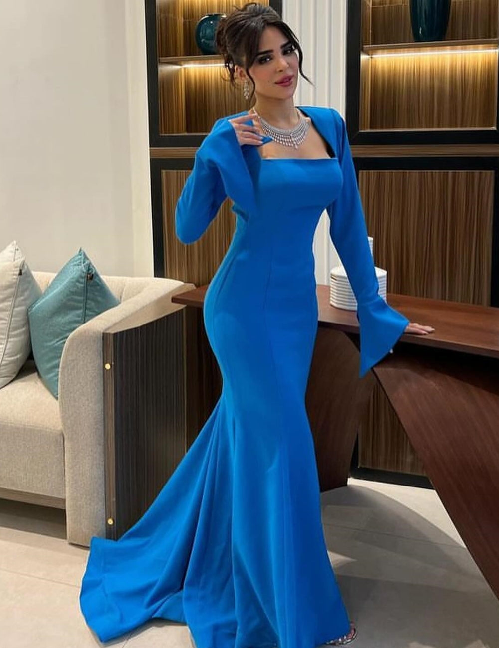 Intricate Jersey Pleat Trumpet Square Neck Long Dresses Homecoming  Exquisite H image 1