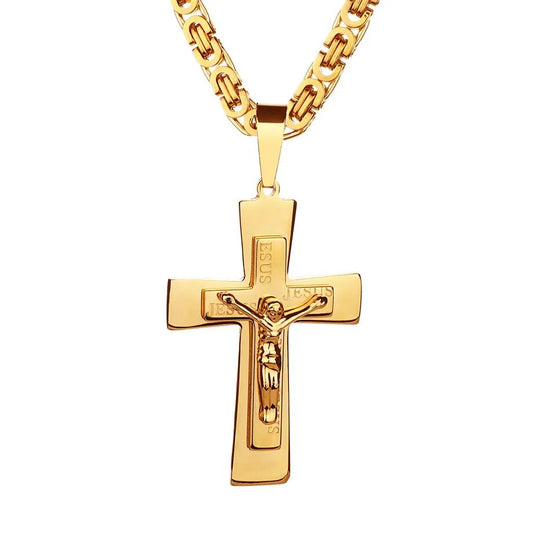 Men's Necklace Big Cross Pendant & Chain Male Gold Color Stainless Steel Christ image 0