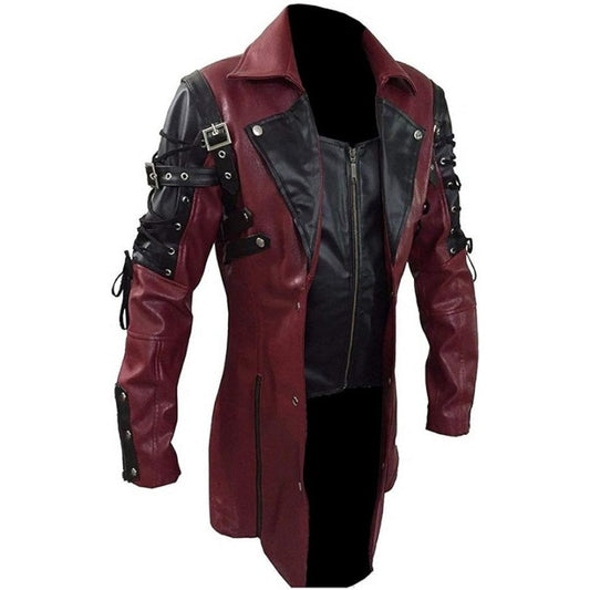 New Steampunk Men's Gothic Trench Coat Leather Jacket Punk Style Biker Jacke Au image 0