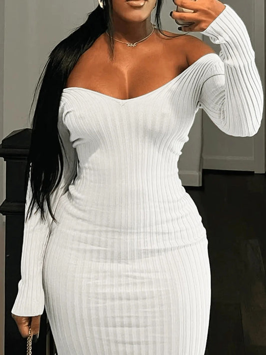 LW Women's V Neck Long Sleeve Midi Dresses BASICS Deep V Neck Rib Knit Bodycon image 0