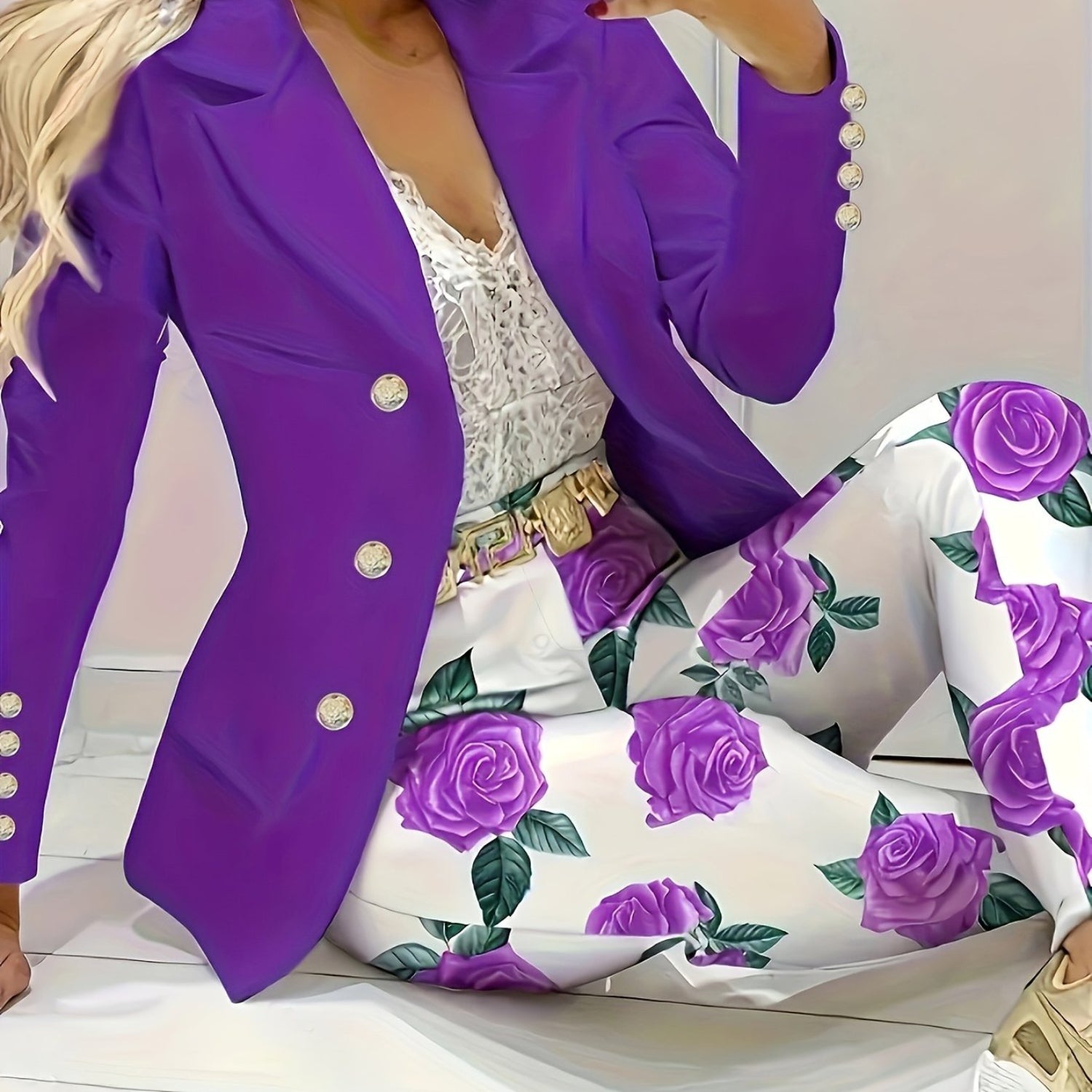 Casual Two-piece Set, Solid Double-breasted Blazer & Floral Print Slim Pants Ou image 1