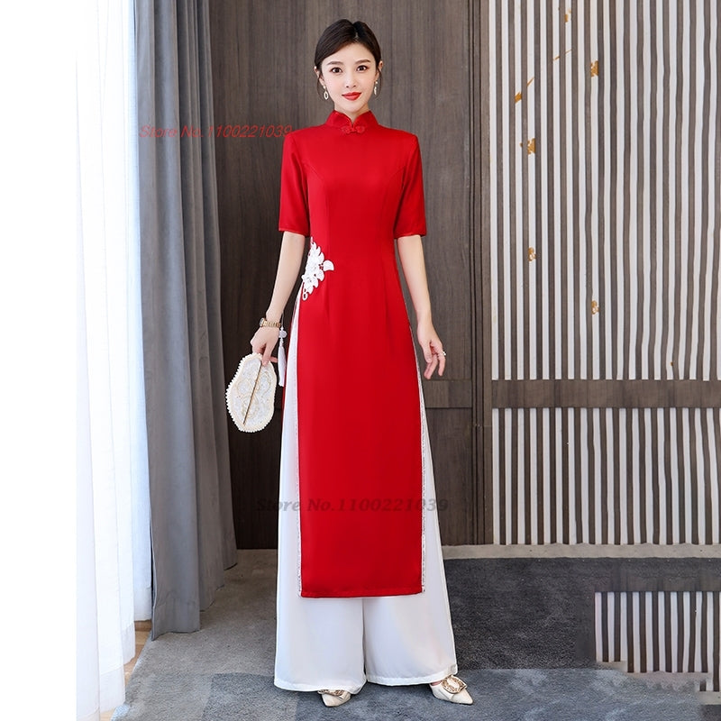 2024 vietnam aodai dress cheongsam national flower embroidery dress+pants set i image 4