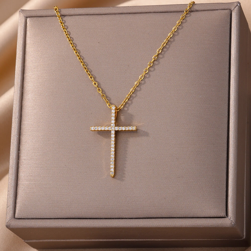 Zircon Cross Pendant Necklace for Women Gold Plated Stainless Steel Collar Neck image 25