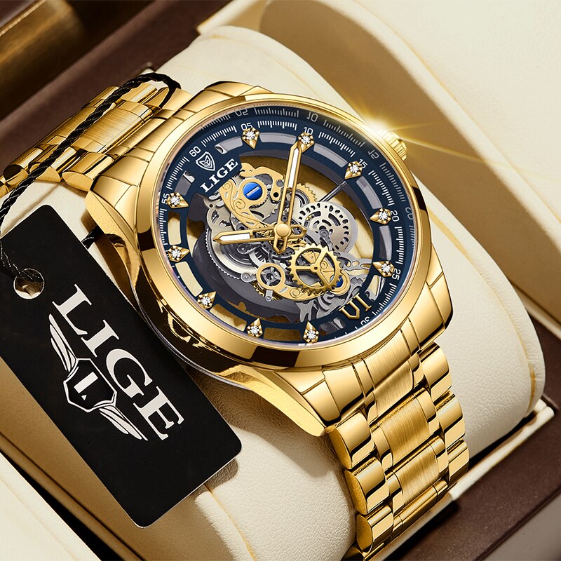 New Men Watch Skeleton Quartz Wristwatch Gold Skeleton Retro Man Watch Top Bran image 0
