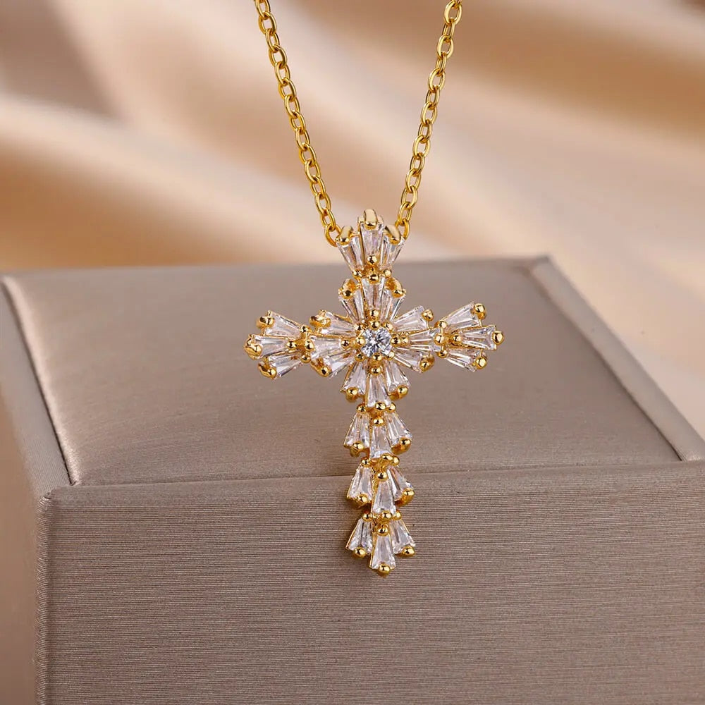 Zircon Cross Pendant Necklace for Women Gold Plated Stainless Steel Collar Neck image 23